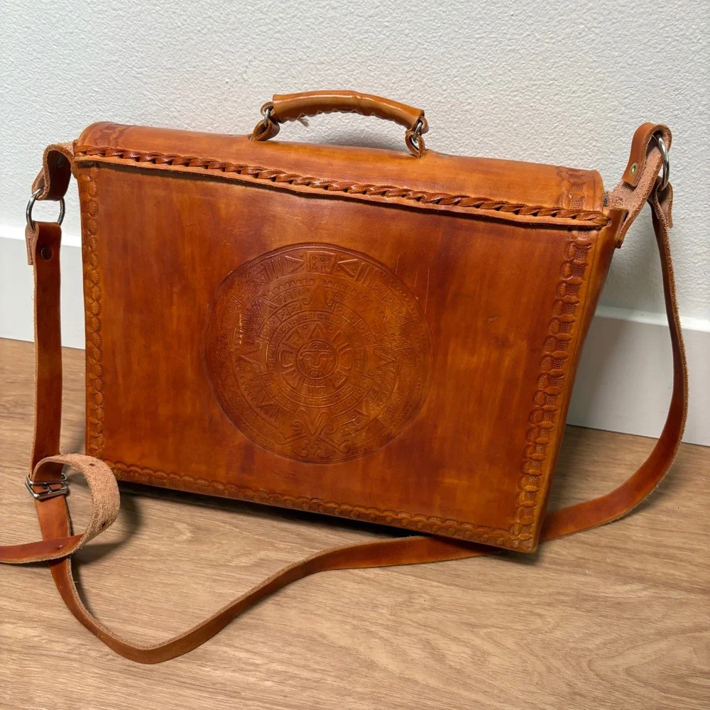 Vintage Hand Tooled Leather Briefcase Mens Messenger Bag Eagle Aztec Sun Mexico